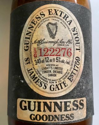 Vtg Guiness Extra Stout Stubby Beer Bottle 12oz Brown Canada 70s 80s Labatts Cap