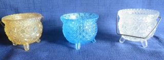 Vintage Blue,  Amber And Clear Kettle Glass Candy Container Group