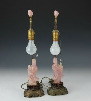 Pair Chinese Export Figural Kuan Yin Carved Rose Quartz Jade Table Lamp Nr Rlc