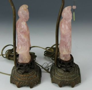 Pair Chinese Export Figural Kuan Yin Carved Rose Quartz Jade Table Lamp NR RLC 3