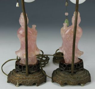 Pair Chinese Export Figural Kuan Yin Carved Rose Quartz Jade Table Lamp NR RLC 4