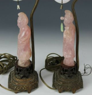 Pair Chinese Export Figural Kuan Yin Carved Rose Quartz Jade Table Lamp NR RLC 5