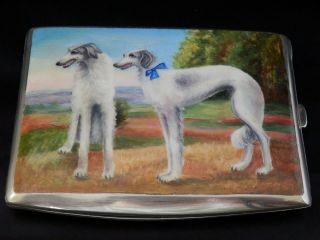 Rare Antique Solid Silver Enamel Cigarette Case Hand Painted Dog Design 1900 10