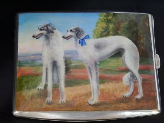 Rare Antique Solid Silver Enamel Cigarette Case Hand Painted Dog Design 1900