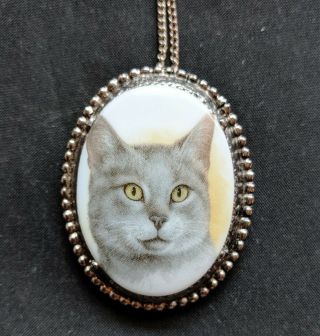 Vintage Porcelain Gray Cat Necklace Cameo Pendant Pet Animal Jewelry