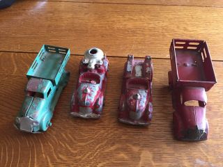4 Small Vintage Die Cast And Sheet Metal Vehicles Fire Engines Marx Hubley