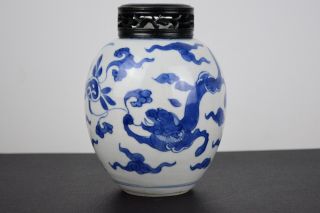 Antique Chinese Blue And White Kangxi Porcelain Chilong Jar,  Wood Cover