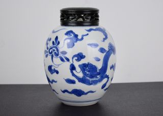Antique Chinese Blue And White Kangxi Porcelain Chilong Jar,  Wood Cover 2