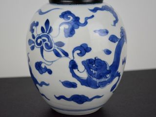 Antique Chinese Blue And White Kangxi Porcelain Chilong Jar,  Wood Cover 3
