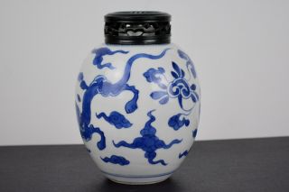Antique Chinese Blue And White Kangxi Porcelain Chilong Jar,  Wood Cover 4