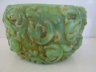 LARGE VERY HEAVY CHINESE ANTIQUE CAVRED JADE DRAGON BOWL 4