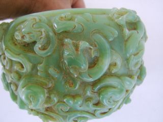 LARGE VERY HEAVY CHINESE ANTIQUE CAVRED JADE DRAGON BOWL 8