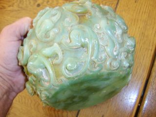 LARGE VERY HEAVY CHINESE ANTIQUE CAVRED JADE DRAGON BOWL 9