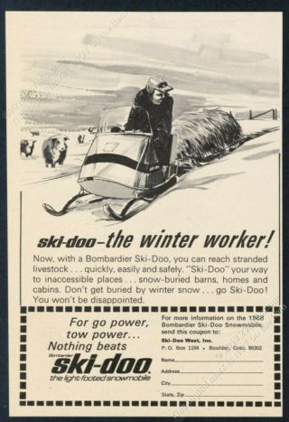 1967 Ski Doo Snowmobile Farm Farmer Cattle Snow Art Vintage Print Ad