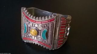 Exceptional Heavy Antique Persian Jeweled Silver Bracelet
