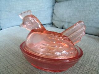 Vintage 4 " Asian Import Glass Chicken Hen On Nest Translucent Pink Trinket 1983