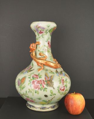 A Chinese Large & Perfect 19th Century Canton Celadon Glaze Garlic Vase