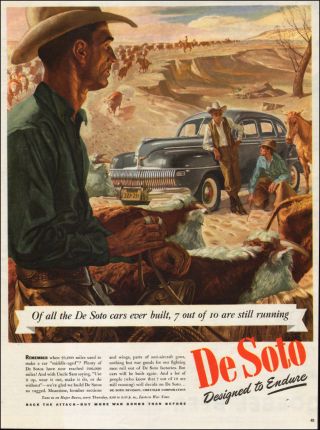 1944 Ww2 Classic Car Ad De Soto Endure,  Art Cowboy And 41 Desoto 121817