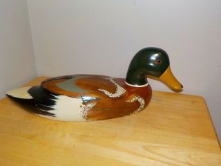 Vtg Carved Wooden Mallard Duck - Drake Painted W/ Glass Eye