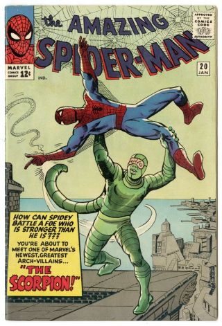 Spider - Man 20 Fn/vf 7.  0 Origin & 1st App.  The Scorpion Marvel 1965