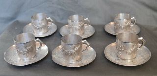 Set Of 6 Antique Export Chinese Sterling Silver Cup And Saucer
