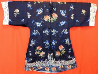 Antique Chinese Manchu Blue Silk Embroidered Butterfly Peony Formal Court Robe