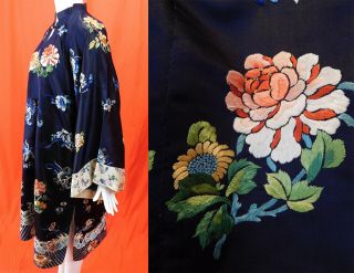 Antique Chinese Manchu Blue Silk Embroidered Butterfly Peony Formal Court Robe 3