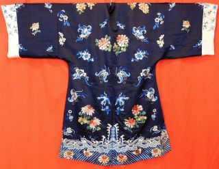 Antique Chinese Manchu Blue Silk Embroidered Butterfly Peony Formal Court Robe 4