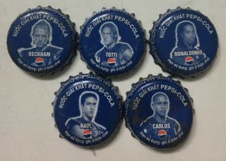 Set Of 5 Vietnam Pepsi Bottle Caps : Beckham,  Carlos,  Totti,  Raul,  Ronaldinho
