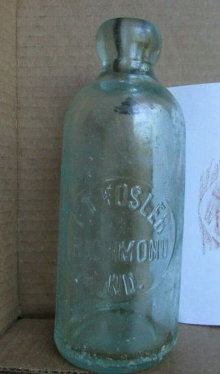 Aqua blob top Hutchinson stoppered bottle - I.  T.  FOSLER,  RICHMOND,  IND (20) 2