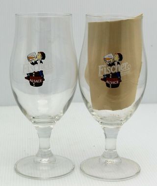 Fischer Beer Brasseur Alsace 2 Stemmed Beer Glasses France Import.  4 Liter Glass