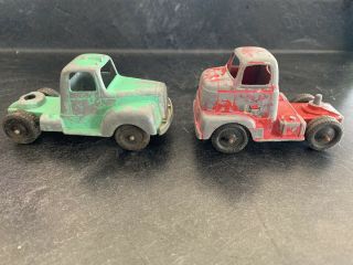 Tootsie Toy (2) Semi Cab Tractor Trailer Red International Harvester & Green 1