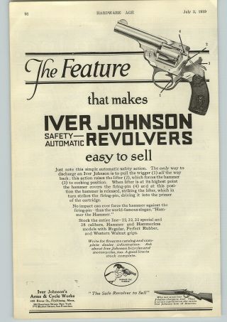 1919 Paper Ad Iver Johnson Safety Automatic Revolvers Arms & Cycle Shotgun