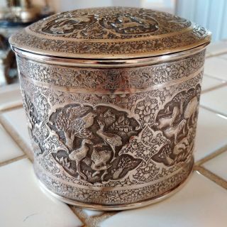Persian Art Exhibition Antique Round Dome Top Solid Silver Container Box