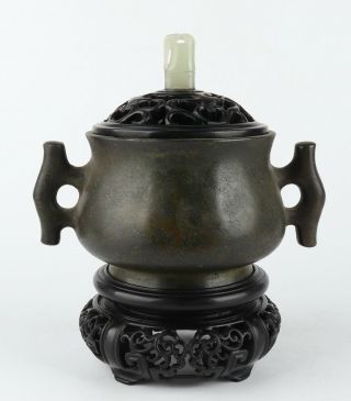 Antique Chinese Copper Incense Burner With Hardwood Base And Cover Inlay Jade