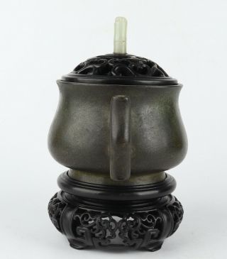 Antique Chinese Copper Incense Burner with Hardwood Base and Cover Inlay Jade 2