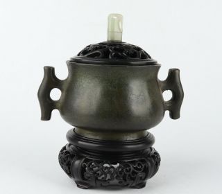 Antique Chinese Copper Incense Burner with Hardwood Base and Cover Inlay Jade 3