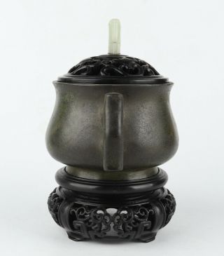 Antique Chinese Copper Incense Burner with Hardwood Base and Cover Inlay Jade 4