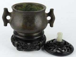 Antique Chinese Copper Incense Burner with Hardwood Base and Cover Inlay Jade 6
