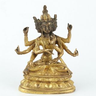 Antique Chinese Tibetan Gilt Copper Eight Hands Three Face Guanyin
