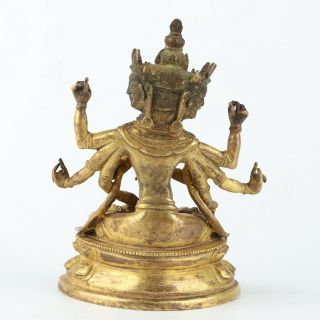 Antique Chinese Tibetan Gilt Copper Eight hands Three face Guanyin 3