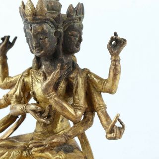 Antique Chinese Tibetan Gilt Copper Eight hands Three face Guanyin 7