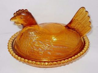 Vintage Hen On Nest Amber Glass Covered Candy Dish