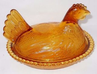 Vintage Hen on Nest Amber Glass Covered Candy Dish 2