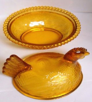 Vintage Hen on Nest Amber Glass Covered Candy Dish 3
