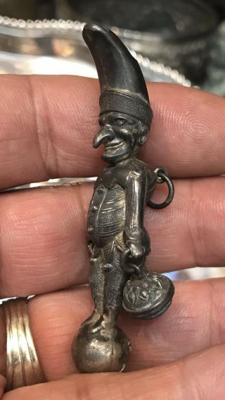 Antique Solid Silver Rare Baby Rattle Whistle Moveable Head Punch Figure & Bells