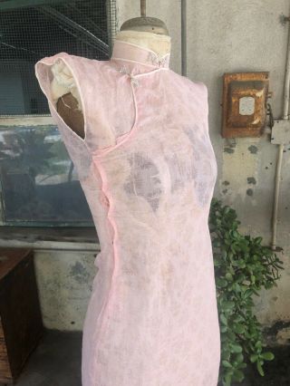 Antique 1930s Chinese Cheongsam Dress Flowers Pink Cotton Linen Qipao Vintage 4