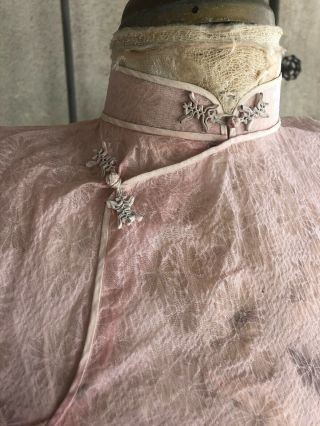 Antique 1930s Chinese Cheongsam Dress Flowers Pink Cotton Linen Qipao Vintage 9