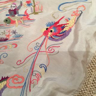 VTG CHINESE PIANO SHAWL SILK Embroidered Water PICTORIAL Fringe Throw Wall Art 5