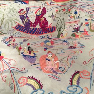VTG CHINESE PIANO SHAWL SILK Embroidered Water PICTORIAL Fringe Throw Wall Art 6